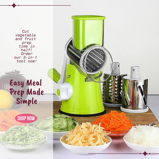 Effortless Meal Prep: 3-in-1 Multifunctional Roller Vegetable Cutter and Slicer - Manual Rotary Drum Grater with 3 Removable Blades for Quick Kitchen Mastery